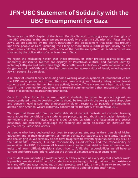 Image of Jewish Faculty Network Statement of Solidarity with the UBC Encampment for Gaza (full text can be found at https://jfn-ubc.ca/)