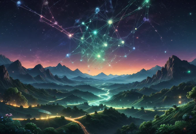 An illustration of an alias system in blockchain  with a bright celestial backdrop and In a lush, green landscape: depict a network of interconnected nodes.