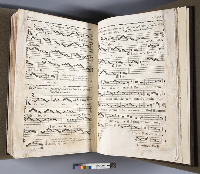 An old book open and showing two pages of musical notes.