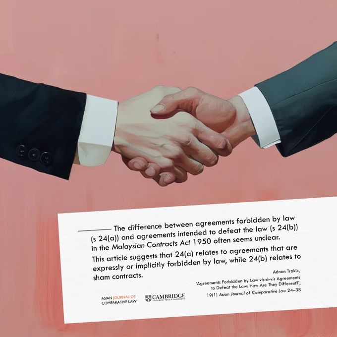 The difference between agreements forbidden by law (s 24(a)) and agreements intended to defeat the law (s 24(b)) in the Malaysian Contracts Act 1950 often seems unclear. This article suggests that 24(a) relates to agreements that are expressly or implicitly forbidden by law, while 24(b) relates to sham contracts.

Adnan Trakic, ‘Agreements Forbidden by Law vis-à-vis Agreements to Defeat the Law: How Are They Different?’, 19(1) Asian Journal of Comparative Law 24–38