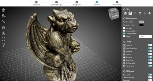 Figure 5 from the preprint: The Interface setup in the 3D configurator wizard. The panel on the right contains the controls for changing the toolbar skin, setting the viewer background, selecting the tools to enable adding/removing the related buttons in the toolbar, choosing the navigation/orientation widget to add to the 3D scene. The 3D viewer on the left is updated in real time according to the customization in the right panel. 