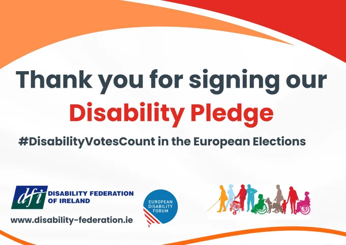 Visual for our Disability Pledge in the EU Elections. Cartoon graphic of disabled persons with DFI and EDf logos and the Thank you message to those who have signed the pledge
