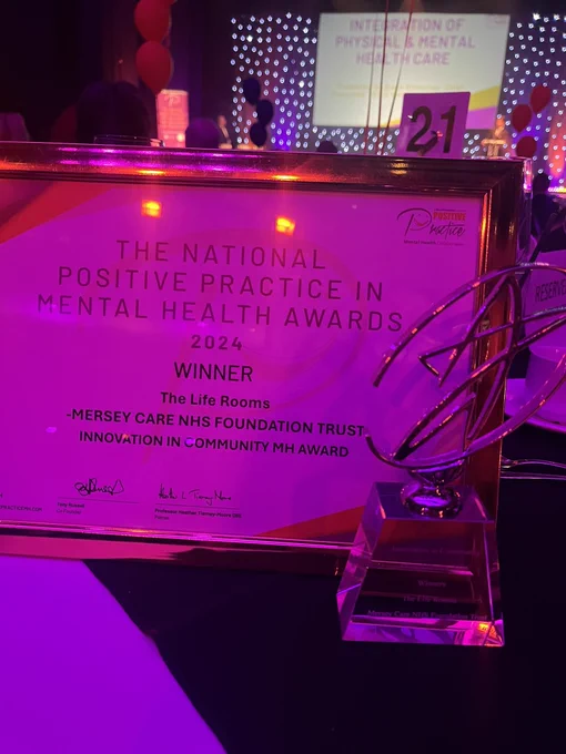 A award and certificate for The Life Rooms who won the Innovation in Community Mental Health Award at the national Positive Practice in Mental Health Awards