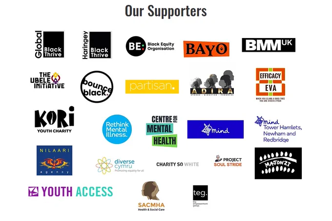 Logos of Black Thrive Global, Black Thrive Haringey, Black Equity Organisation, BAYO, Black Minds Matter UK, Ubele Initiative, Bounce Black, Partisan, Adira, Efficacy EVA, Kori Youth charity, Rethink Mental Illness, Centre for Mental Health, Mind, Mind Tower Hamlets, Newham, and Redbridge, Nilaari, Diverse Cymru, Charity So White, Project Soul Stride, Majonzi, Youth Access, SACMHA and The Empowerment Group