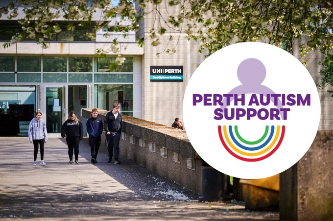 Four students walking outside Goodlyburn building at UHI Perth. A logo of Perth Autism Support overlayed on top of the image.
