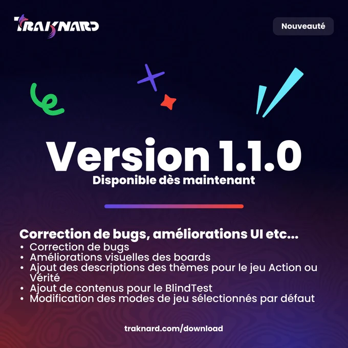 Découvre la dernière mise à jour de Traknard !

Au menu de la 1.1.0:
- Correction de bugs
- Améliorations visuelles des boards
- Ajout des descriptions des thèmes pour le jeu Action ou Vérité
- Ajout de contenus pour le BlindTest
- Modification des modes de jeu sélectionnés par défaut

Télécharge dès maintenant la dernière version sur les stores !