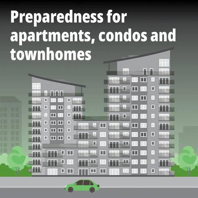 Preparedness for apartments, condos and townhomes. Apartment buildings with a car on the road at night.