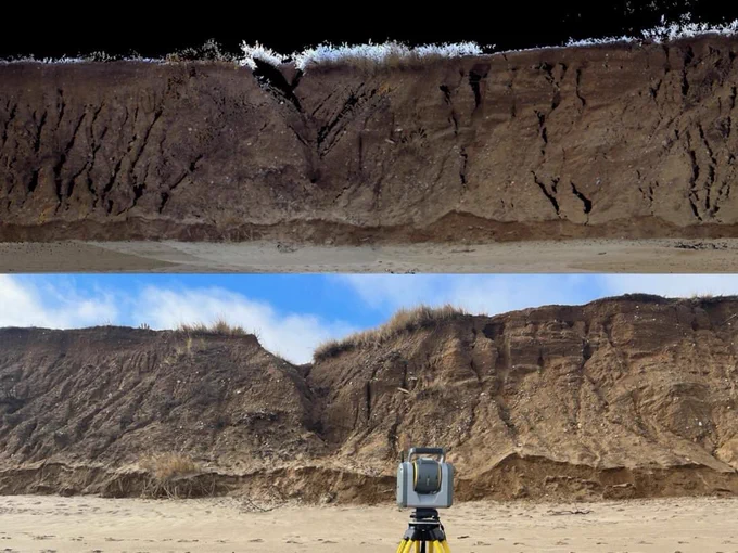 A split image with the top half representing the scanned bluff and the bottom half showing the LiDAR device performing the scanning