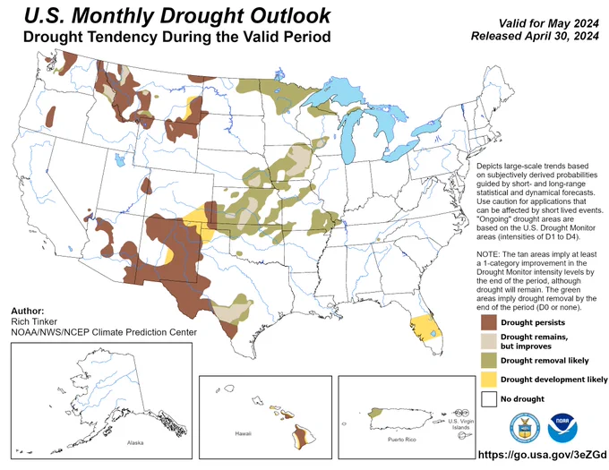 This map shows the May drought outlook, by the National Weather Service Climate Prediction Center. Drought is expected to improve or be removed in all of the Midwest, large areas of the Plains, and pockets in the Northwest and Northern Rockies. Drought development is expected in some of Montana, Florida, Hawaii, New Mexico, Colorado, Texas, and Oklahoma.