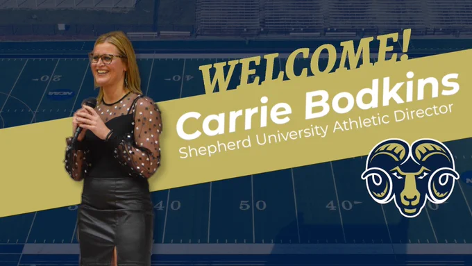 Graphic with text: "Welcome! Carrie Bodkins Shepherd University Athletic Director"