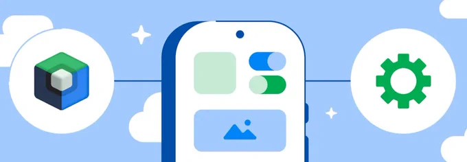 Compose logo and a settings icon on an illustrated phone screen