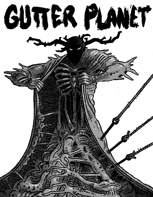 Gutter Planet Quickstart Cover. A shadowy figure tears open their skin to reveal a monsterous mass of flesh and bone. ART by Carlos Sánchez Polo.