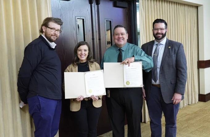 From (L-R): Gabe Hawkins, epidemiologist, Dept. of Health & Environment, Sierra Wright, community prevention manager, Mental Health Center, Tim DeWeese, director, Mental Health Center, and BOCC Chairman Mike Kelly.