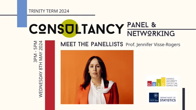 A rectangle graphic advertising the Consultancy Panel & Networking event & introducing a panellist. The graphic is done in the style of bauhaus & the OxUSA & Department of Statistics logos are located in the bottom right of the graphic. The text on the graphic reads: "Trinity Term 2024. Consultancy Panel & Networking, Meet the Panellists, Prof. Jennifer Visser-Rogers”. Following the text there is a portrait photo of Prof. Jen in an orange suit with a white blouse and light weight white scarf against an orange fabric background that is a slightly lighter shade of orange than her suit.