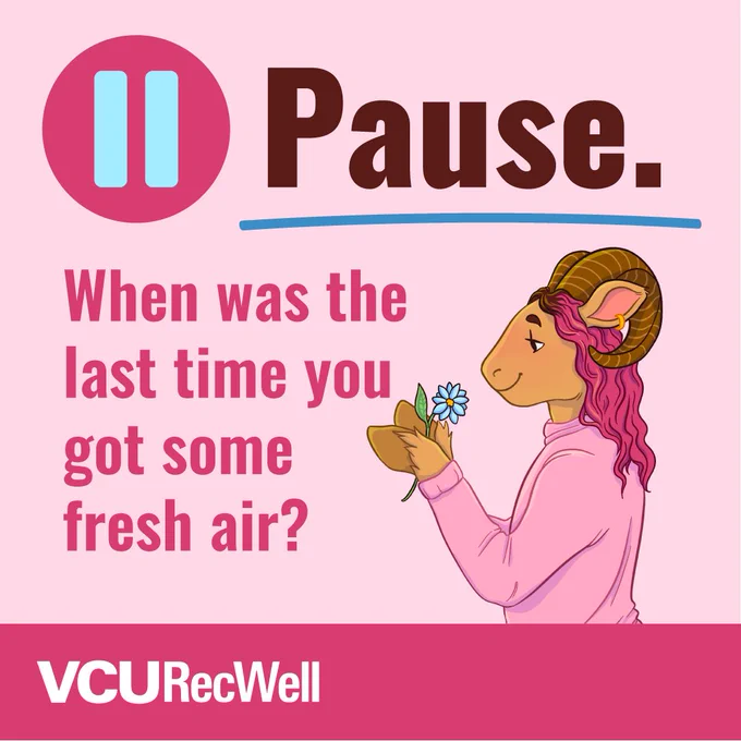 A Ram holding a flower and looking at it while smiling. Caption: When was the last time you got some fresh air?