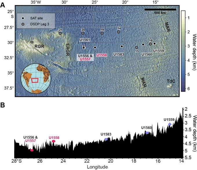 South Atlantic Transect study region, Expeditions 390/393, 390C, and 395C.