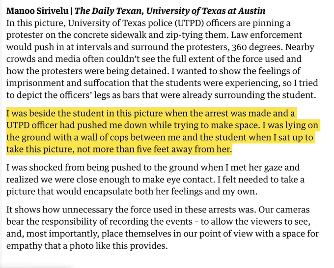 Highlighted text: "I was beside the student in this picture when the arrest was made and a UTPD officer had pushed me down while trying to make space. I was lying on the ground with a wall of cops between me and the student when I sat up to take this picture, not more than five feet away from her."