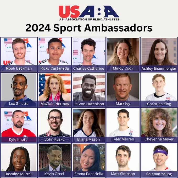 2024 USABA Sport Ambassador collage with headshots and names of the 20 USABA Sport Ambassadors: Noah Beckman, Ricky Castaneda, Charles Catherine, Mindy Cook, Ashley Eisenmenger, Lex Gillette, McClain Hermes, Je'Von Hutchison, Mark Ivy, Christian King, Kyle Knott, John Kusku, Eliana Mason, Tyler Merren, Cheyenne Meyer, Jasmine Murrell, Kevin Orcel, Emma Papariella, Matt Simpson and Calahan Young.
