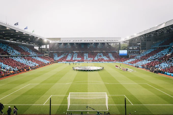 General view of tonight's display at Villa Park, with 'UP THE VILLA' written across the Holte End.