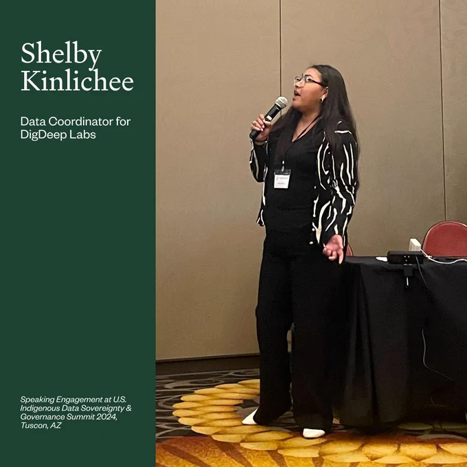 Photo of Shelby speaking into a microphone. Dark green background. Text: Shelby Kinlichee, Data Coordinator for DigDeep Labs, Speaking Engagement at U.S. Indigenous Data Sovereignty & Governance Summit 2024, Tuscon, AZ