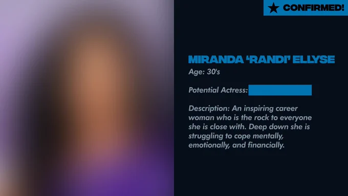 Graphic with a blurred background and a blue panel on the right. text in the panel confirms the identity of miranda 'randi' ellyse, describes her as an inspiring career woman in her 30s who is struggling mentally.