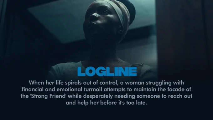 A woman with a headscarf looks distressed in a dimly lit room. text overlay introduces a movie logline about her struggle with emotional and financial turmoil while pretending to be strong.
