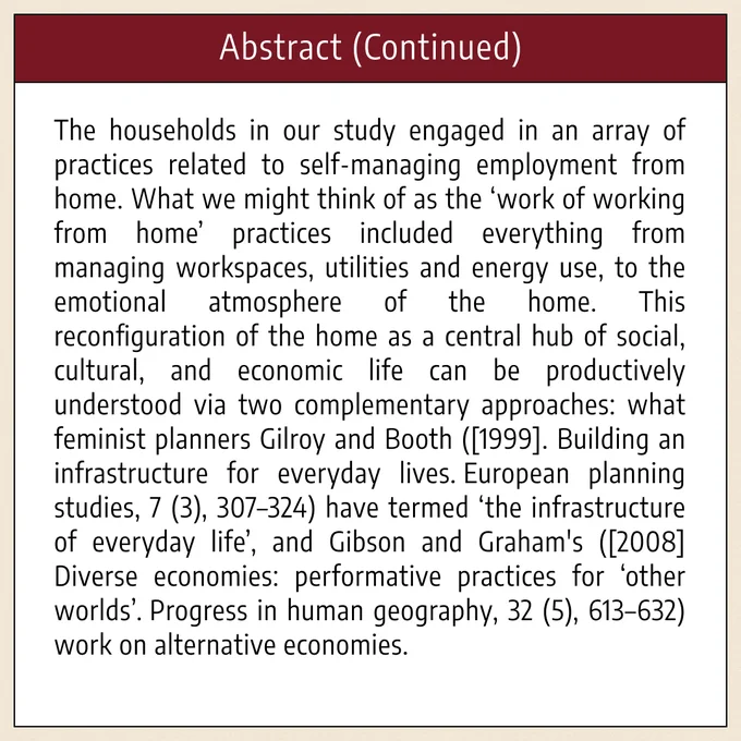 The third image is titled “Abstract (Continued),” and it features the first part of the abstract for the article: “The households in our study engaged in an array of practices related to self-managing employment from home. What we might think of as the ‘work of working from home’ practices included everything from managing workspaces, utilities and energy use, to the emotional atmosphere of the home. This reconfiguration of the home as a central hub of social, cultural, and economic life can be productively understood via two complementary approaches: what feminist planners Gilroy and Booth ([1999]. Building an infrastructure for everyday lives. European planning studies, 7 (3), 307–324) have termed ‘the infrastructure of everyday life’, and Gibson and Graham's ([2008] Diverse economies: performative practices for ‘other worlds’. Progress in human geography, 32 (5), 613–632) work on alternative economies.” The abstract is concluded in the next image. 
