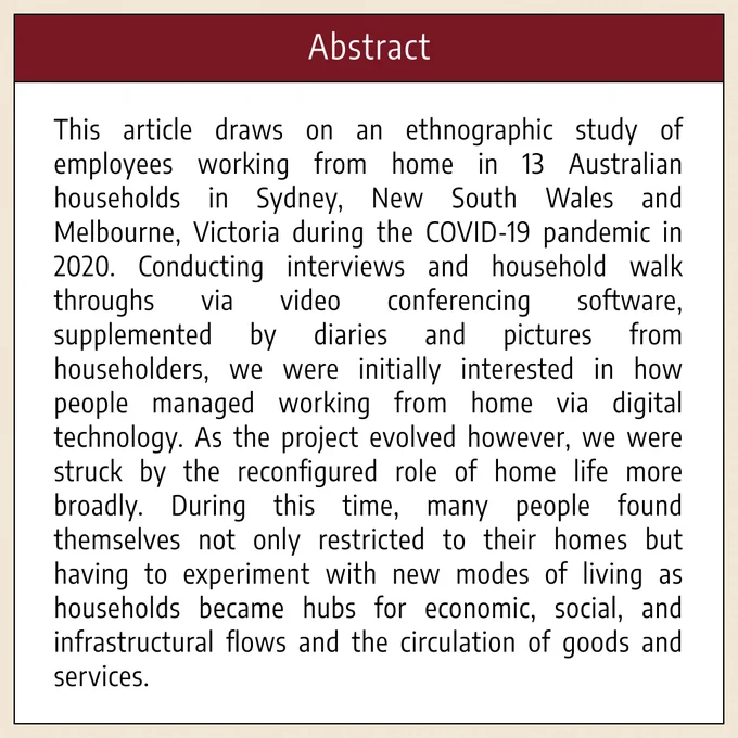 The second image is titled “Abstract,” and it features the first part of the abstract for the article: “This article draws on an ethnographic study of employees working from home in 13 Australian households in Sydney, New South Wales and Melbourne, Victoria during the COVID-19 pandemic in 2020. Conducting interviews and household walk throughs via video conferencing software, supplemented by diaries and pictures from householders, we were initially interested in how people managed working from home via digital technology. As the project evolved however, we were struck by the reconfigured role of home life more broadly. During this time, many people found themselves not only restricted to their homes but having to experiment with new modes of living as households became hubs for economic, social, and infrastructural flows and the circulation of goods and services.” The abstract is continued on the next image. 