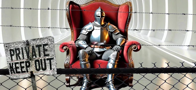 A knight in shining armour behind a barbed wire fence and a sign saying 'Private Keep Out'.
