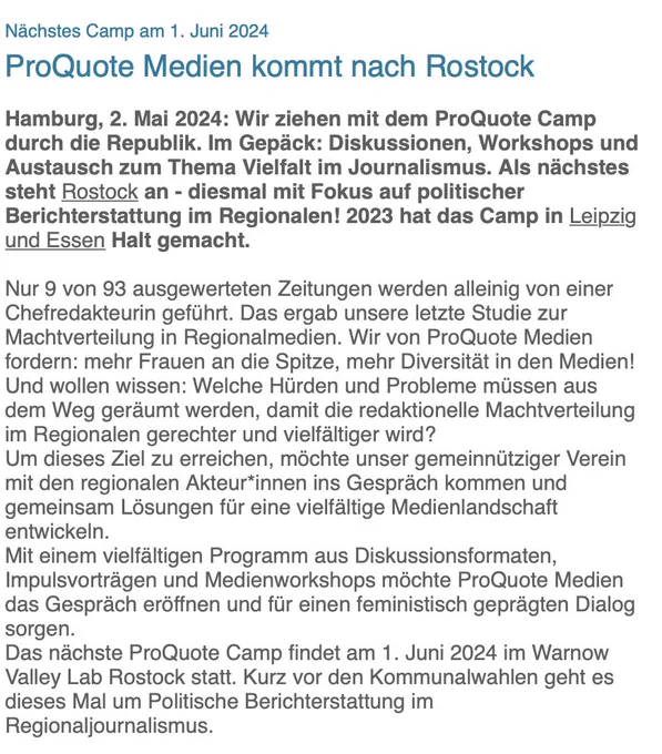 Ein screenshot der verlinkten Pressemitteilung anlässlich des ProQuote Camps in Rostock