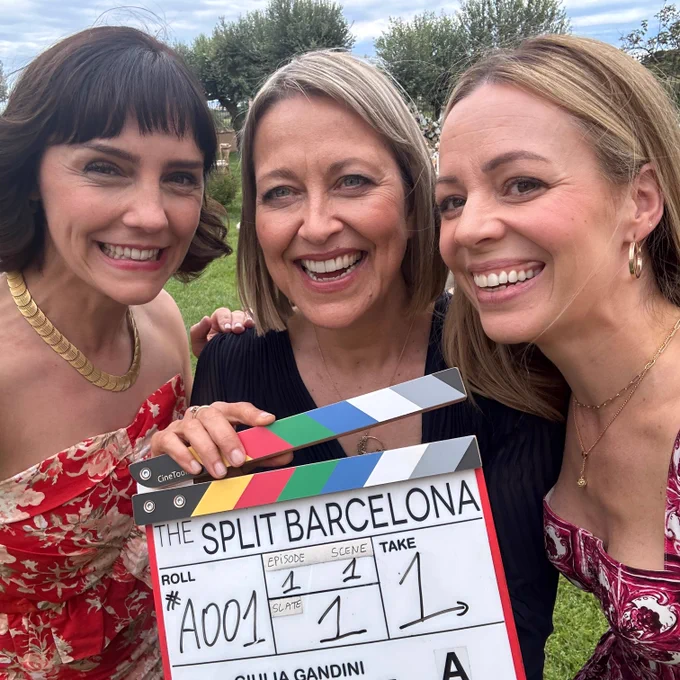Annabel Scholey, Nicola Walker and Fiona Button smiling to camera. Nicola holds a clapperboard for The Split - Barcelona. 