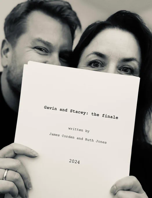 James Corden and Ruth Jones holding the script for Gavin and Stacey: the finale.