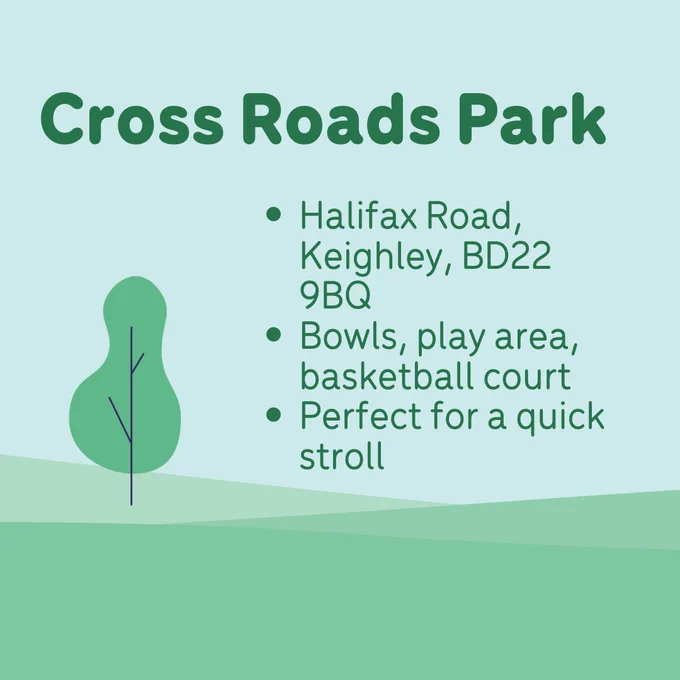 Animated nature landscape with the text “Cross Roads Park”.