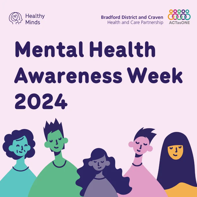 Five illustrated people smiling with the text “Mental Health Awareness Week”. 