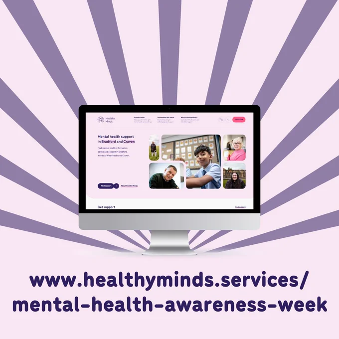 Illustrated image of computer with the Healthy Minds website with 
the text www.healthyminds.services/mental-health-awareness-week