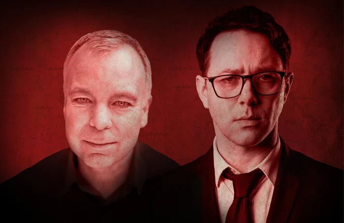A photo showing two men's headshots against red silhouetted backgrounds