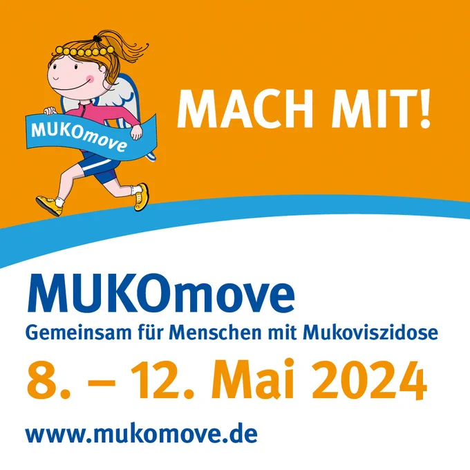 Grafik: Eine junge Frau lächelt und rennt in Sportsachen mit einem Banner in der Hand, auf dem steht: Mukomove. Dazu Text: Mach mit! Mukomove. Gemeinsam für Menschen mit Mukoviszidose. 8.-12. Mai 2024. www.mukomove.de