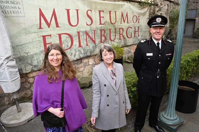 From left to right: Pedal Power Co-curator and member of Edinburgh Critical Mass, Victoria Hawkins, Culture and Communities Convener, Val Walker and Assistant Chief Officer for Operational Delivery at the Scottish Fire and Rescue Service, David Farries