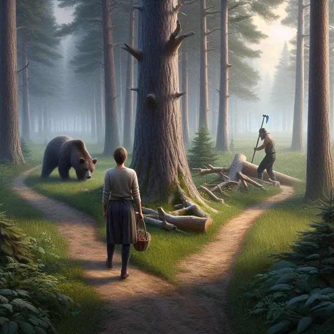 A woman standing at a fork in a forest path, observing a bear foraging on one side and a man chopping wood on the other side, amidst tall trees and misty surrounding