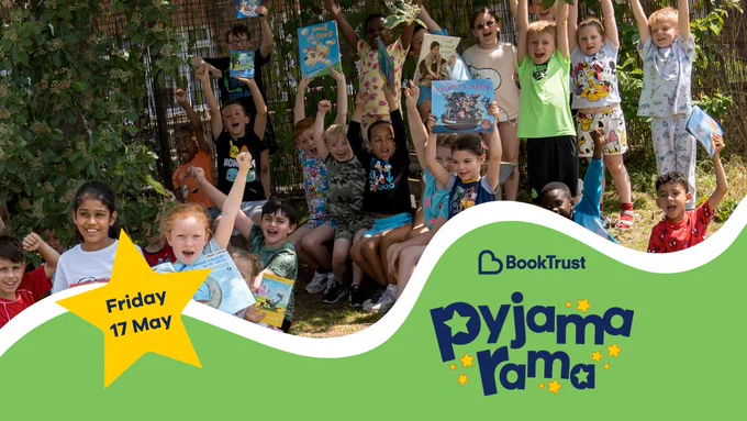 A group of children cheering and holding up books while wearing pyjamas outside, plus the Pyjamarama logo and a star reading "Friday 17 May"