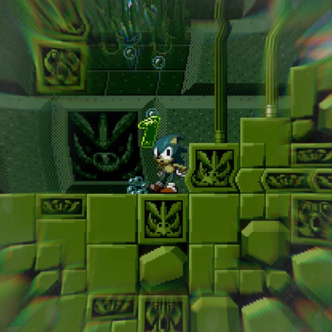 Classic Sonic seen underwater in Labyrinth Zone waiting for an air bubble. The countdown for air has been reduced to 1. GET OUT SONIC!