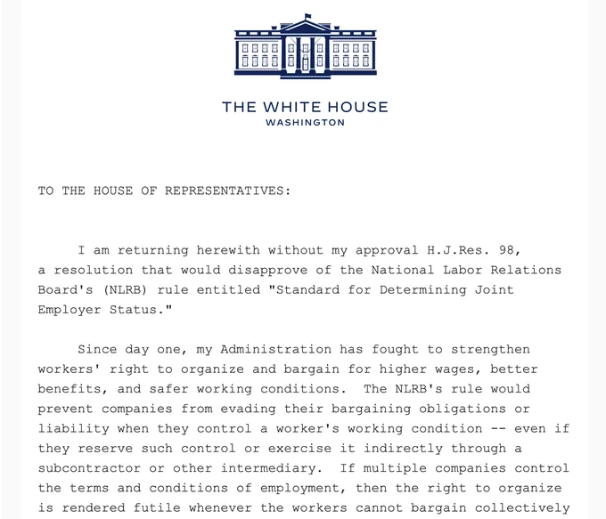 Screenshot of the President's formal message to the House of Representatives regarding his veto of H.J.Res. 98.