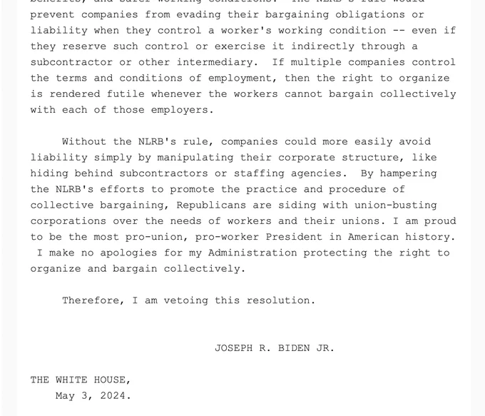 Screenshot of the President's formal message to the House of Representatives regarding his veto of H.J.Res. 98.