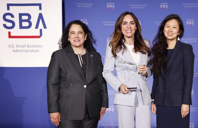 INTEC Group LLC owner Ines Rivas-Hutchins (center) receives her Kentucky 2024 Small Business Person of the Year award from SBA Administrator Isabel Casillas Guzman (left) and SBA Associate Administrator for the Office of Field Operations Jennifer Kim (right).