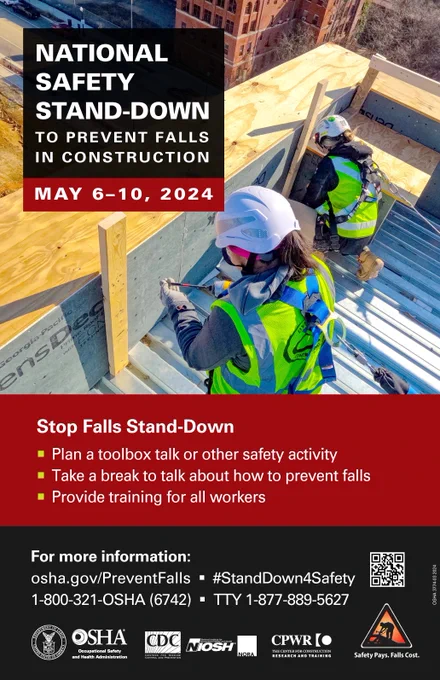 photograph of 2 construction workers on top of a building with text that says "National Safety Stand-Down to Prevent Falls in Construction May 6-10, 2024"