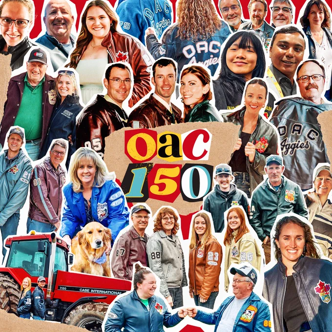 A collage for the #OAC150 challenge featuring a variety of individuals wearing OAC jackets or University of Guelph clothing. The images are arranged in a vibrant, scrapbook-style cut and paste layout. In the middle of the collage are scrapbook-style letters spelling out 'OAC 150'.