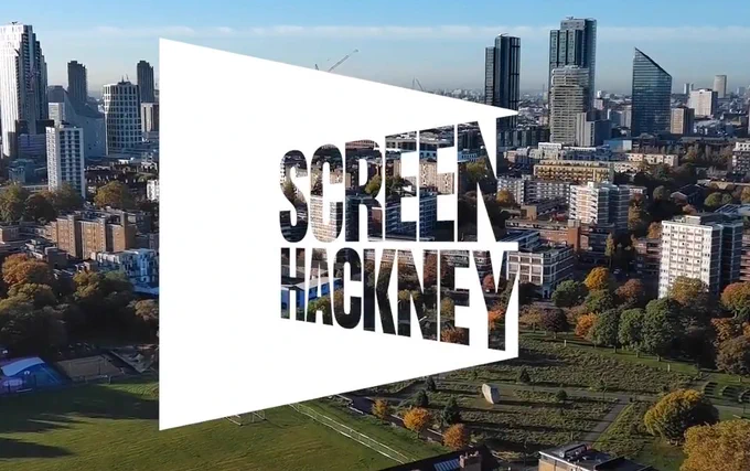 Screen Hackney logo over a birds eye view of Hackney