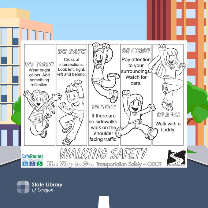 Cartoon town background behind walking safety coloring page
