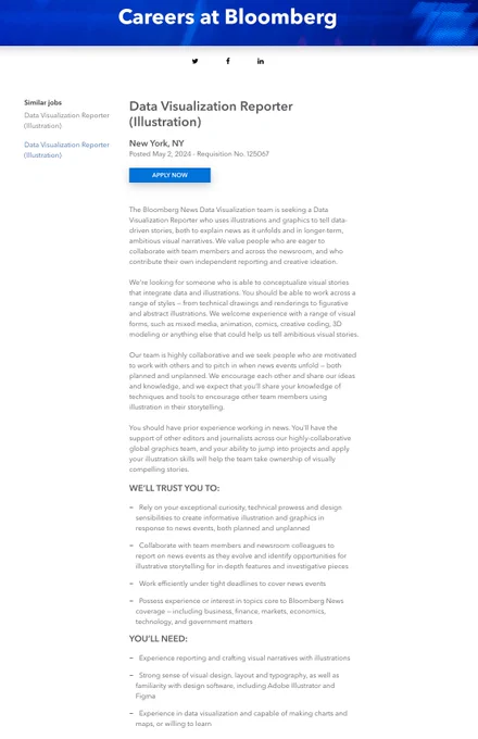 A screenshot of Bloomberg’s Careers site showing a job posting for a Data Visualization Reporter (Illustration) position in New York, NY.
