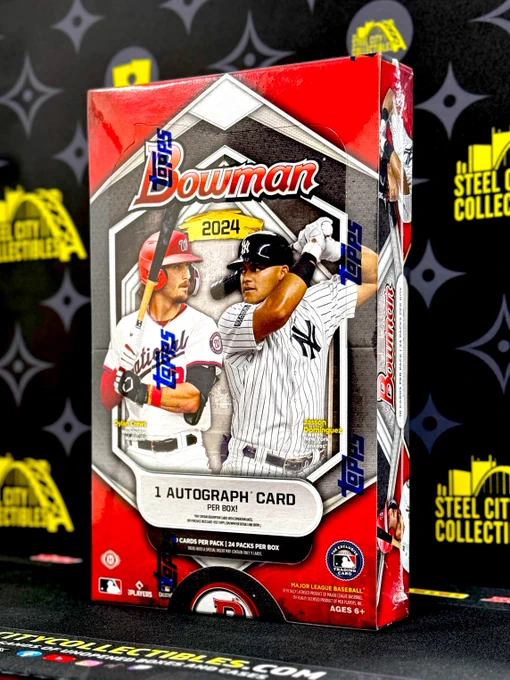 2024 Bowman Baseball Hobby Box

Configuration: 10 cards per pack. 24 packs per box.

Look for 1 autograph, 1 Chrome Prospect Mini Diamond Refractor Parallel, and 1 Rising Infernos Insert card per box on average.

Available on SteelCityCollectibles.com!